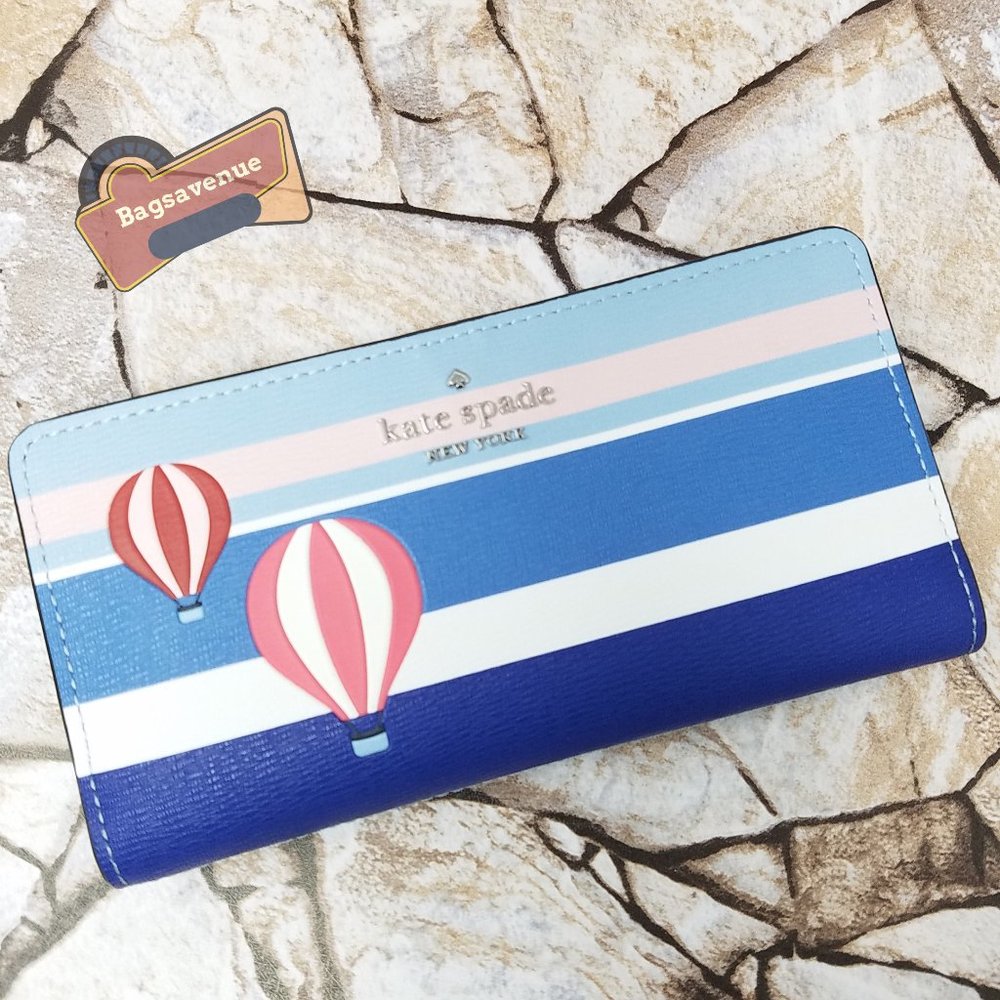Large Slim Bifold Wallet Up Up Away Stripe Blue Kate Spade Saffiano Leather